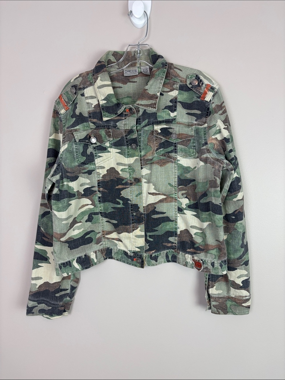 Chico's Camo Cropped Jacket Linen/Cotton Blend Sz 2 Military Style